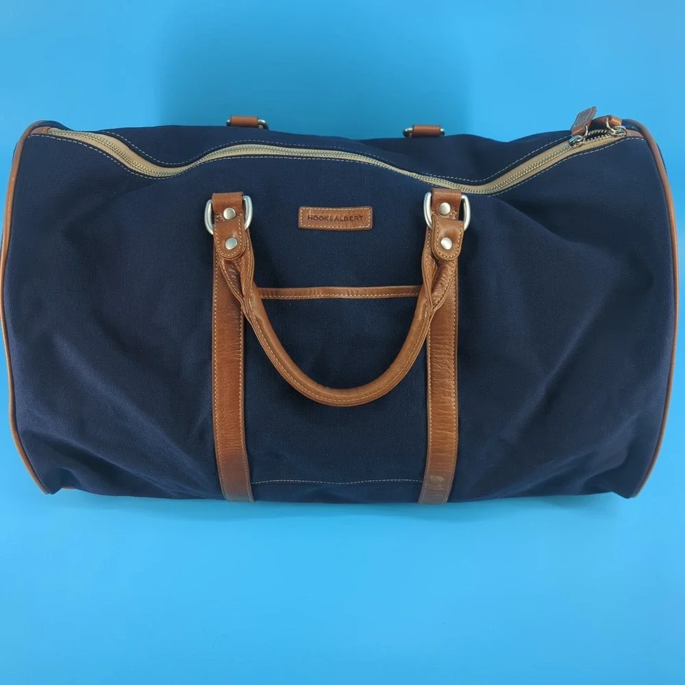 Hook & Albert Navy Blue Canvas Leather Weekender Duffle Travel Bag 21